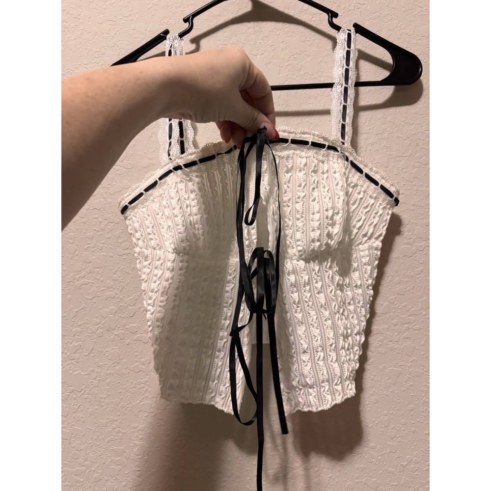 Y2K White Pointelle Ruffle Coquette Top Sz M Satin Bow Lace Trim Cami Fairy - Picture 4 of 9